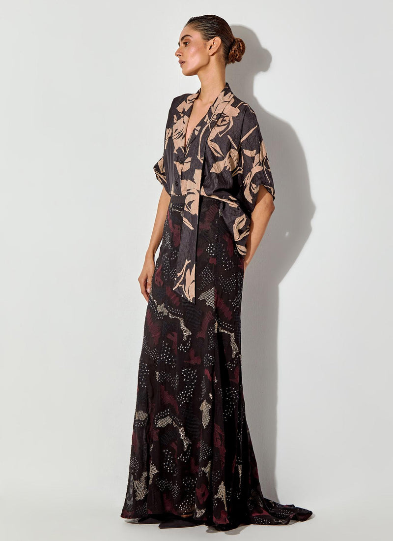 Multicolor Printed Silk Shirt Paired With Embroidered Maxi Skirt