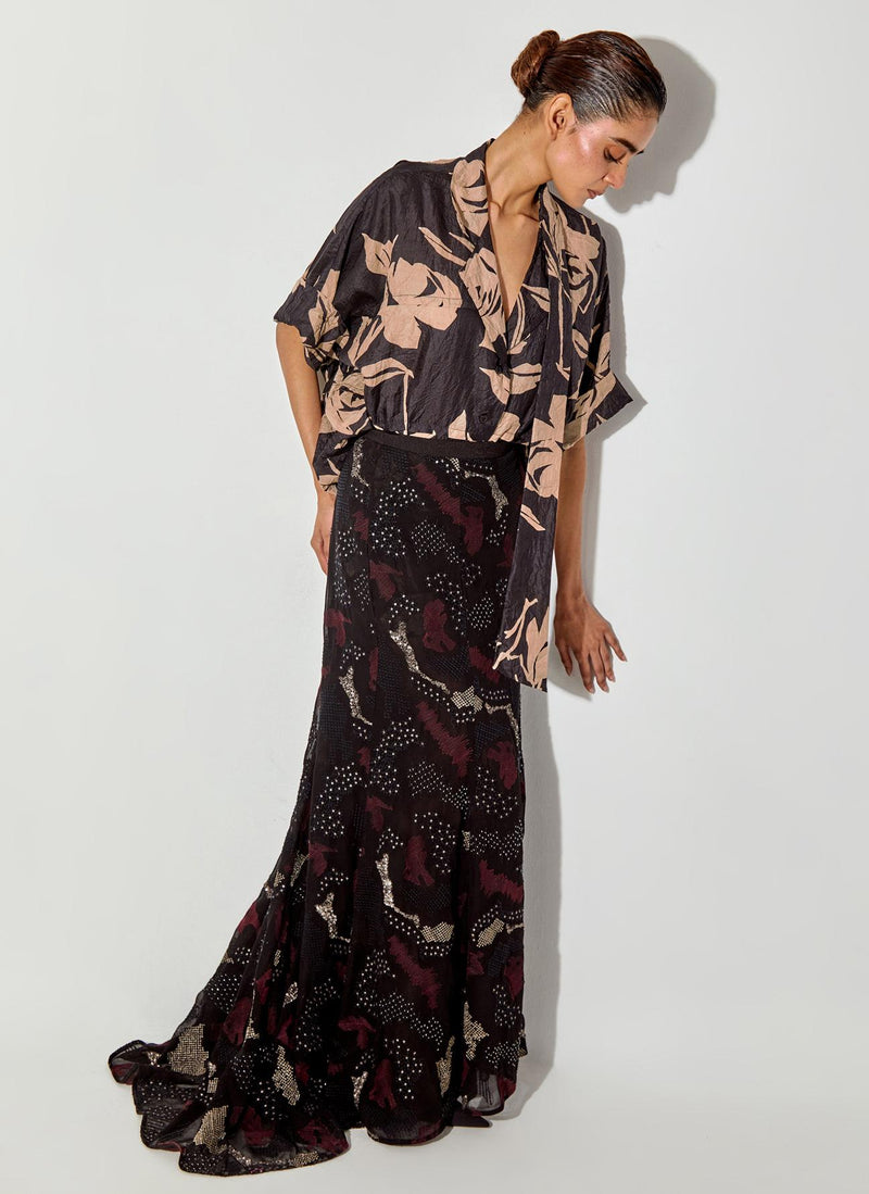 Multicolor Printed Silk Shirt Paired With Embroidered Maxi Skirt