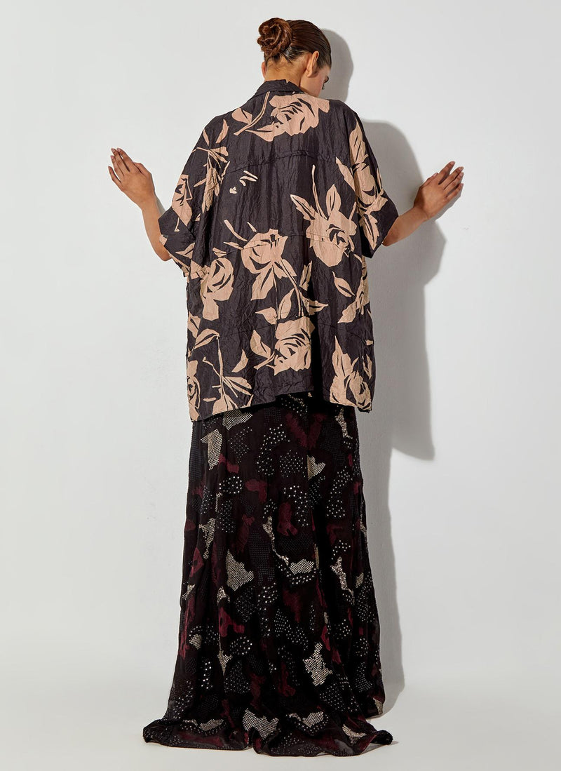 Multicolor Printed Silk Shirt Paired With Embroidered Maxi Skirt