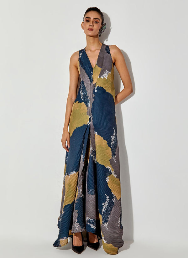 Multicolor Pleated Draped Maxi Dress.