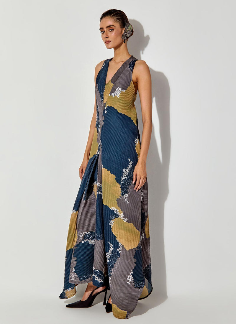 Multicolor Pleated Draped Maxi Dress.
