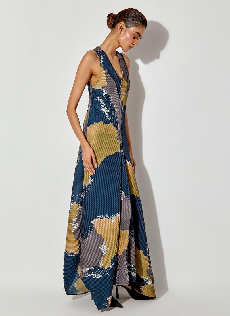 Multicolor Pleated Draped Maxi Dress.