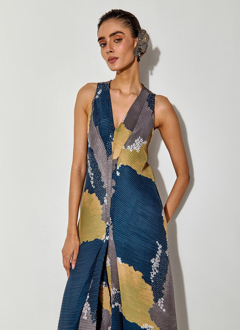 Multicolor Pleated Draped Maxi Dress.