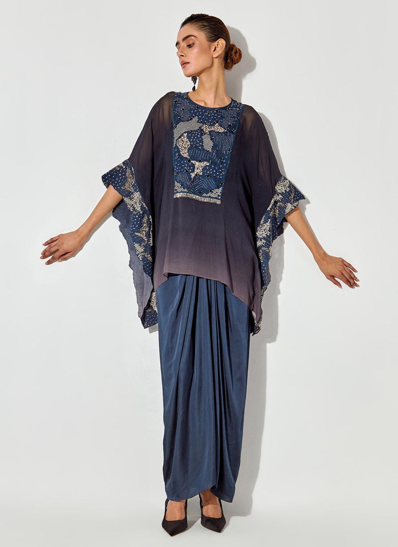 Multicolor Embroidered Kaftan Top On Shaded Fabric With Satin Drape Skirt