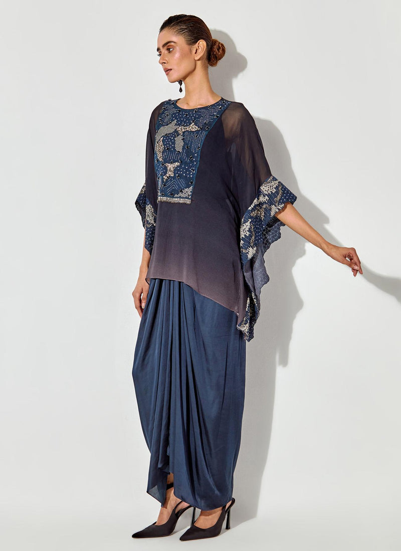 Multicolor Embroidered Kaftan Top On Shaded Fabric With Satin Drape Skirt