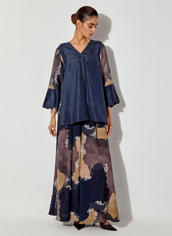 Multicolor Flared Top With Printed Back And Sleeve And Embroidered Cuff Paired With Panelled Printed Pants