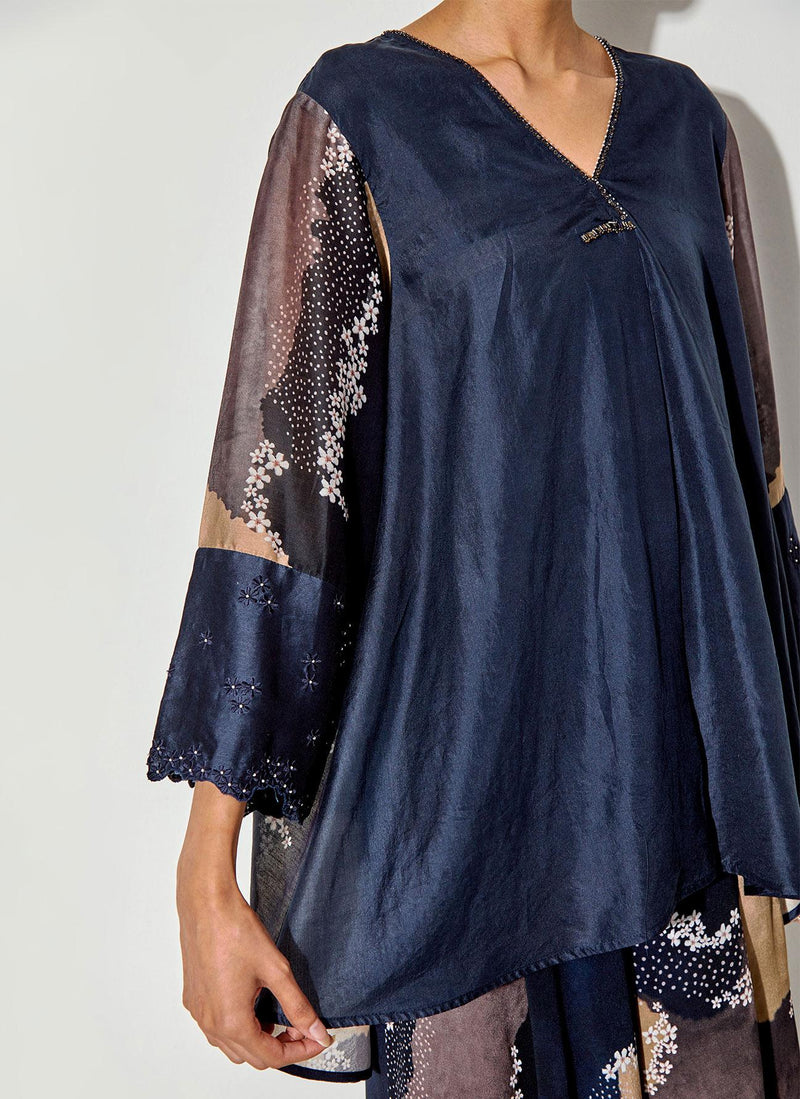 Multicolor Flared Top With Printed Back And Sleeve And Embroidered Cuff Paired With Panelled Printed Pants