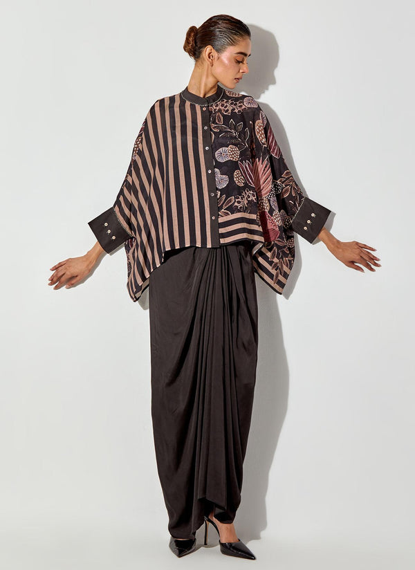 Multicolor Gyspy Rose Printed Top Paired With Drape Satin Skirt