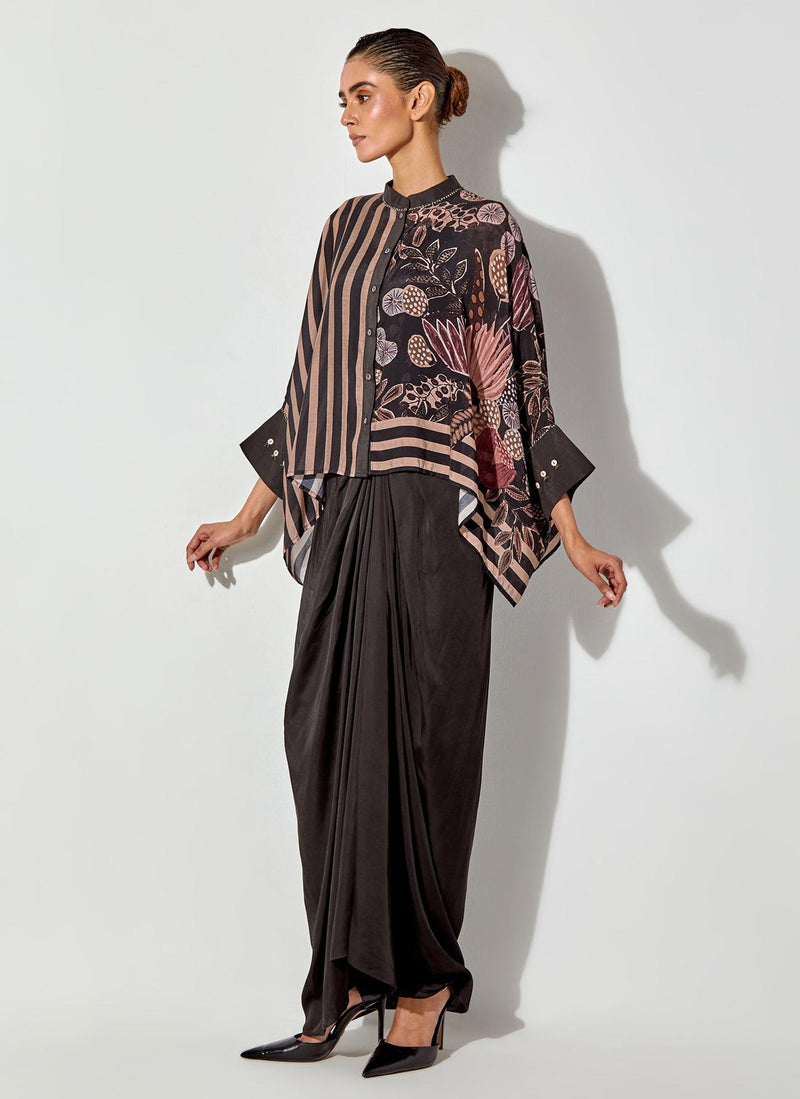 Multicolor Gyspy Rose Printed Top Paired With Drape Satin Skirt