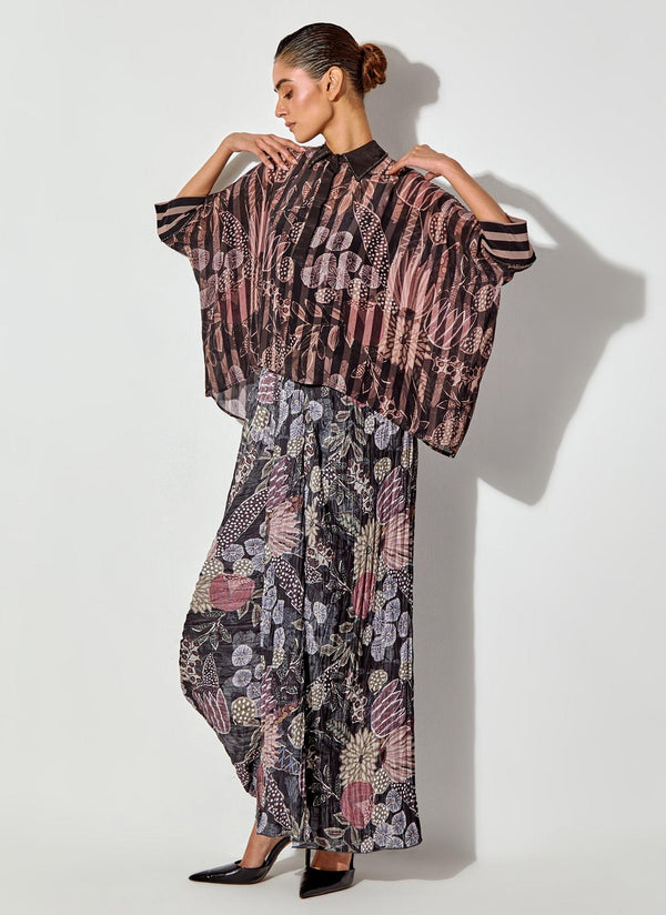 Multicolor Gypsy Rose Crepe Shirt Paired With Pleated Crinkle Drape Skirt