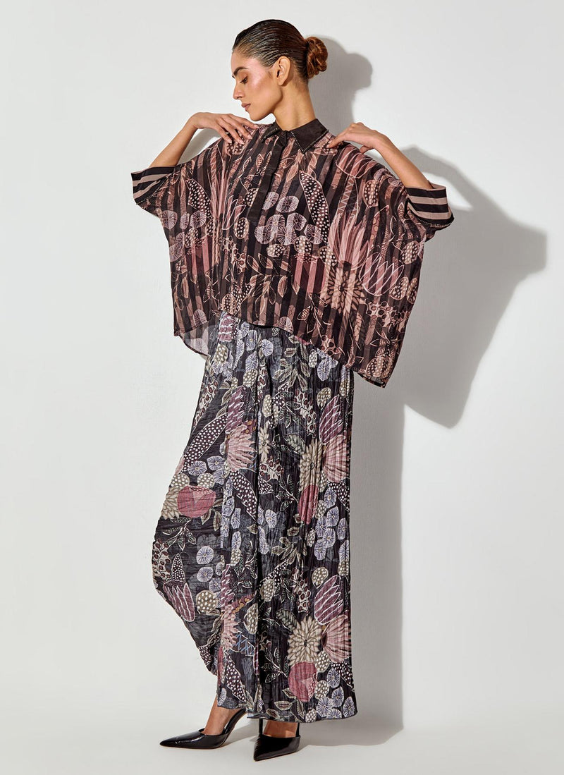 Multicolor Gypsy Rose Crepe Shirt Paired With Pleated Crinkle Drape Skirt