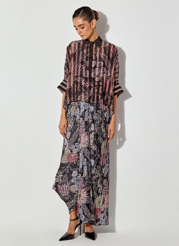 Multicolor Gypsy Rose Crepe Shirt Paired With Pleated Crinkle Drape Skirt