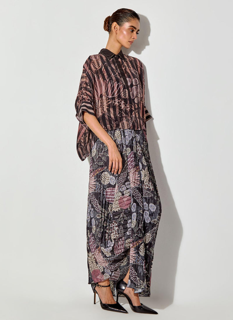 Multicolor Gypsy Rose Crepe Shirt Paired With Pleated Crinkle Drape Skirt