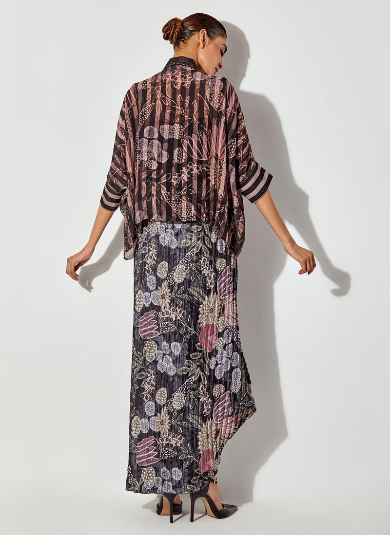 Multicolor Gypsy Rose Crepe Shirt Paired With Pleated Crinkle Drape Skirt