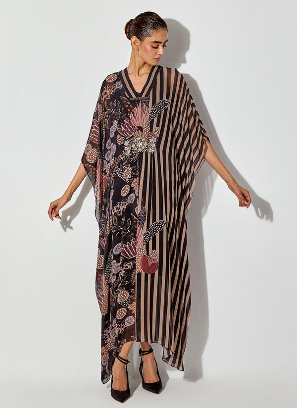 Multicolor Gypsy Rose Printed Brooch Kaftan Dress