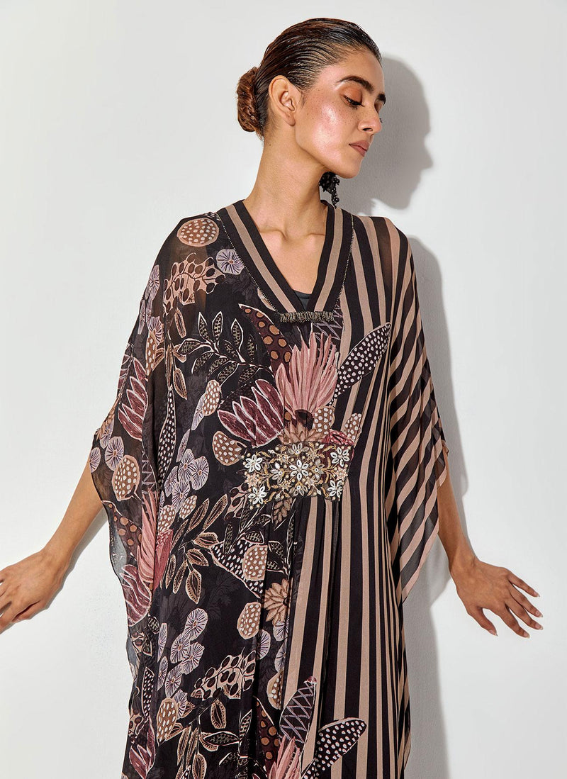 Multicolor Gypsy Rose Printed Brooch Kaftan Dress