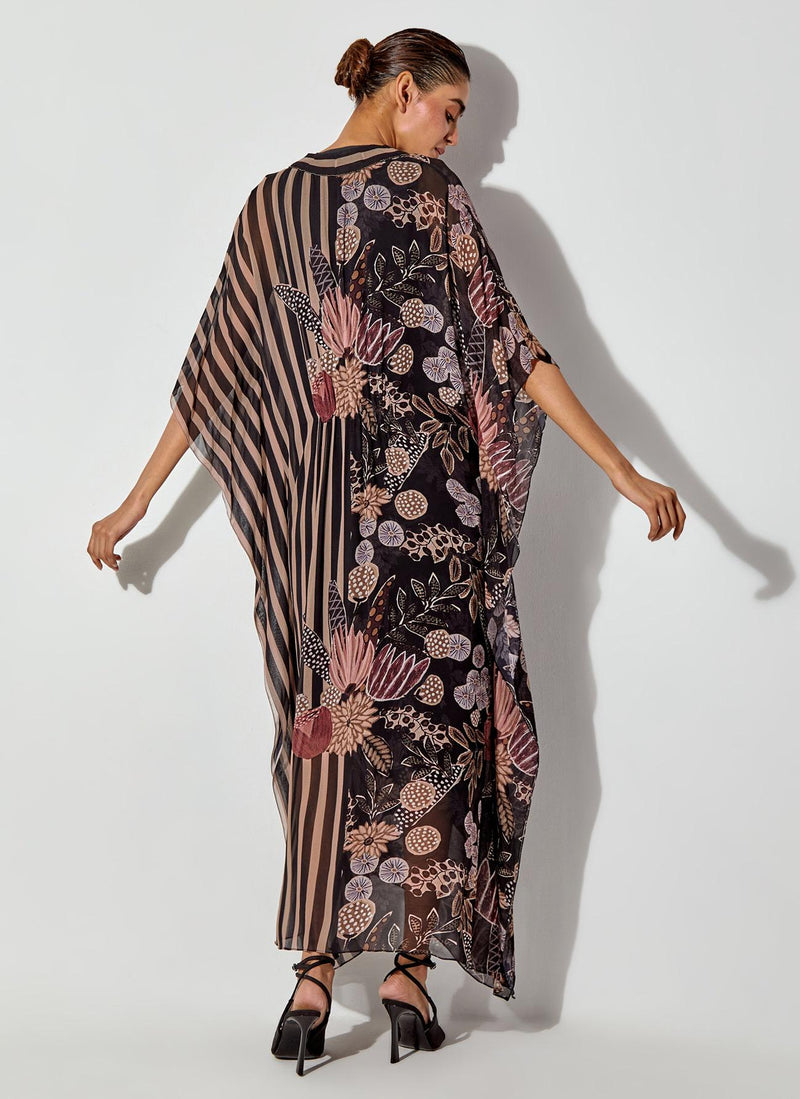 Multicolor Gypsy Rose Printed Brooch Kaftan Dress