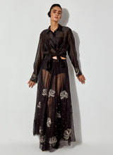 Black Chanderi Silk Shirt Paired With Mesh Maxi Skirt With Embroidery Detailing