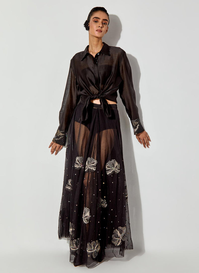 Black Chanderi Silk Shirt Paired With Mesh Maxi Skirt With Embroidery Detailing
