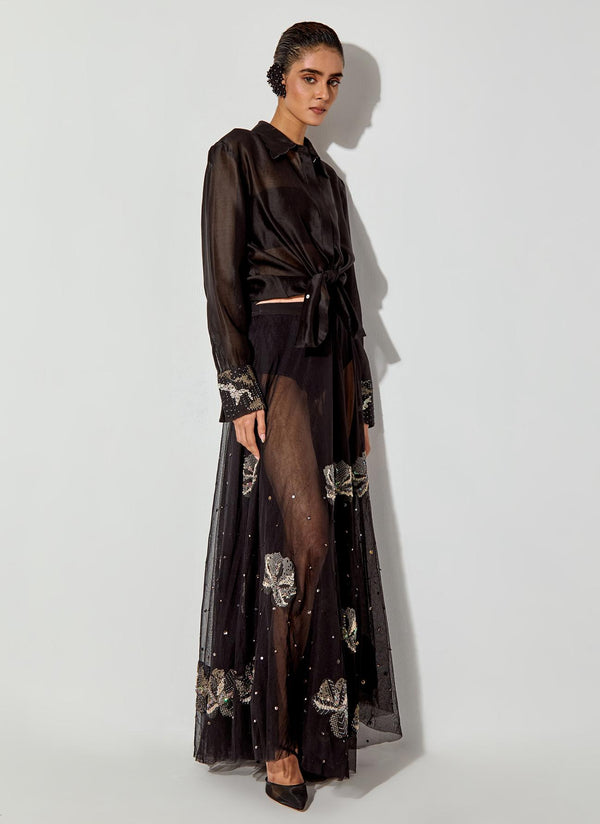 Black Chanderi Silk Shirt Paired With Mesh Maxi Skirt With Embroidery Detailing