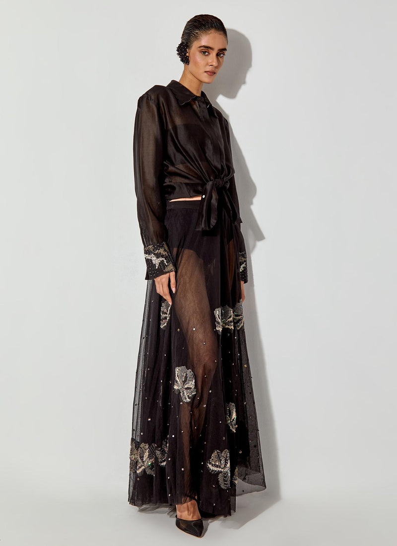 Black Chanderi Silk Shirt Paired With Mesh Maxi Skirt With Embroidery Detailing