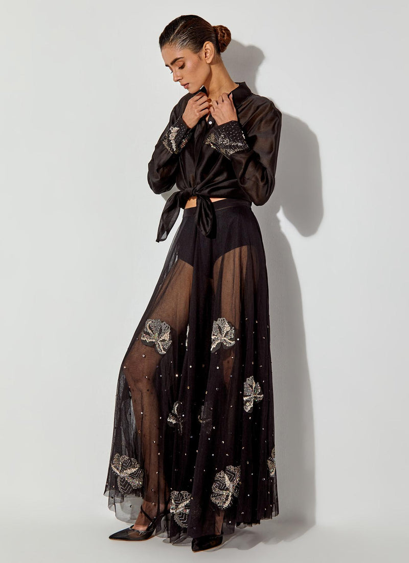Black Chanderi Silk Shirt Paired With Mesh Maxi Skirt With Embroidery Detailing
