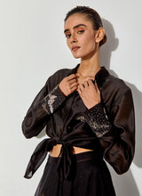 Black Chanderi Silk Shirt Paired With Mesh Maxi Skirt With Embroidery Detailing