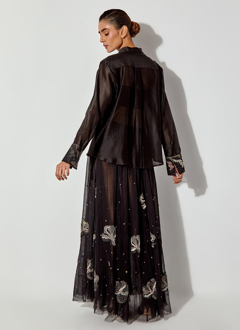 Black Chanderi Silk Shirt Paired With Mesh Maxi Skirt With Embroidery Detailing