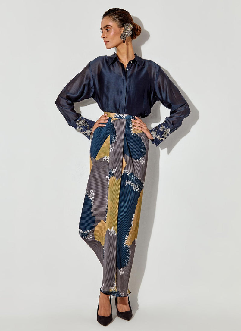 Multicolor Chanderi Shirt With Hand Embroidered Cuff Paired With Pleated Drape Skirt