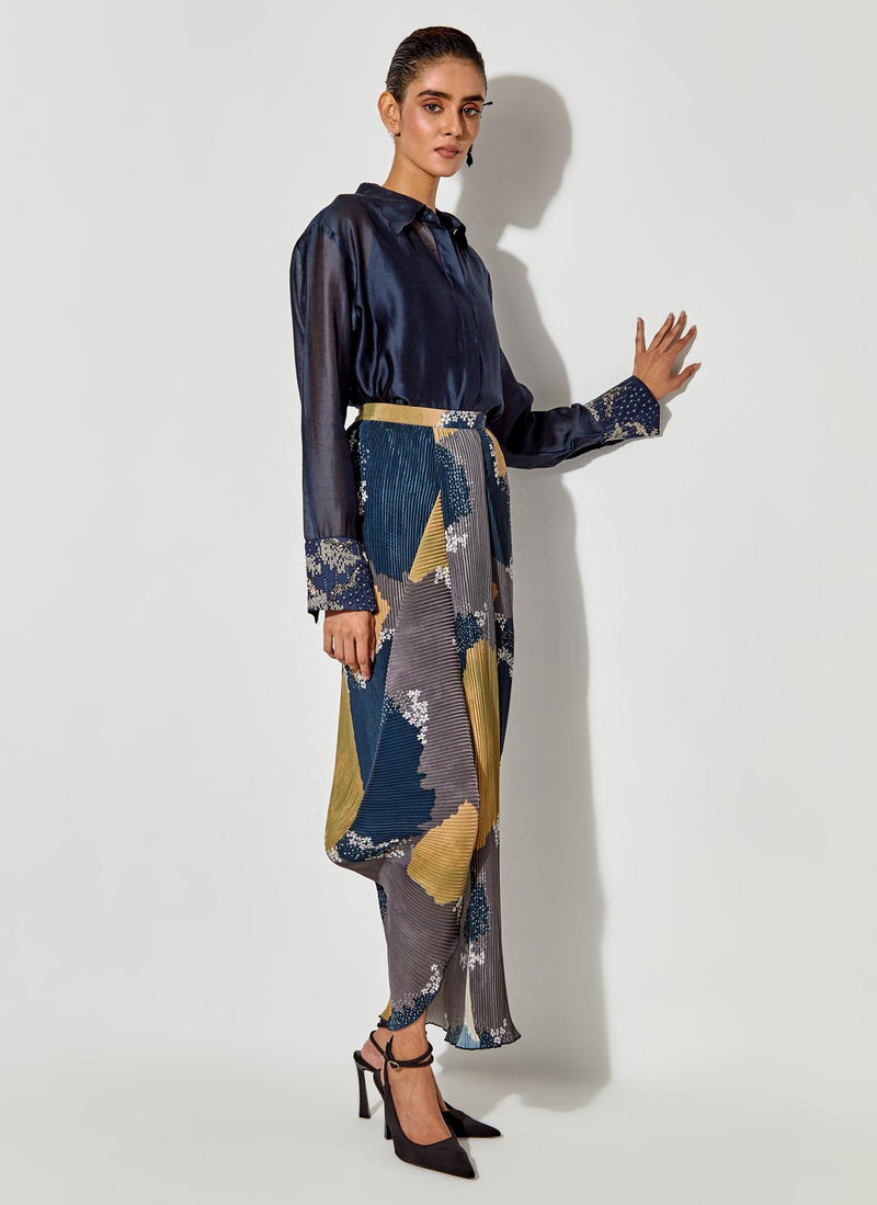 Multicolor Chanderi Shirt With Hand Embroidered Cuff Paired With Pleated Drape Skirt