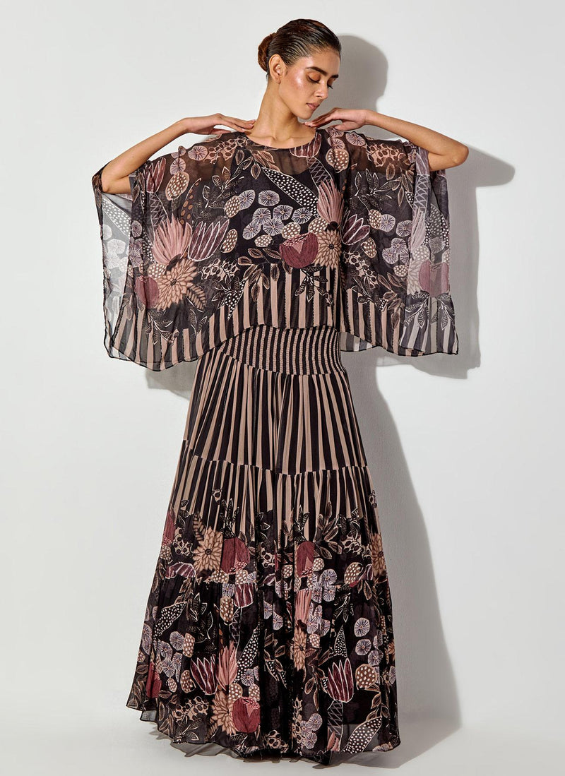 Multicolor Gypsy Rose Printed Poncho Top And Placement Printed Tier Maxi Skirt