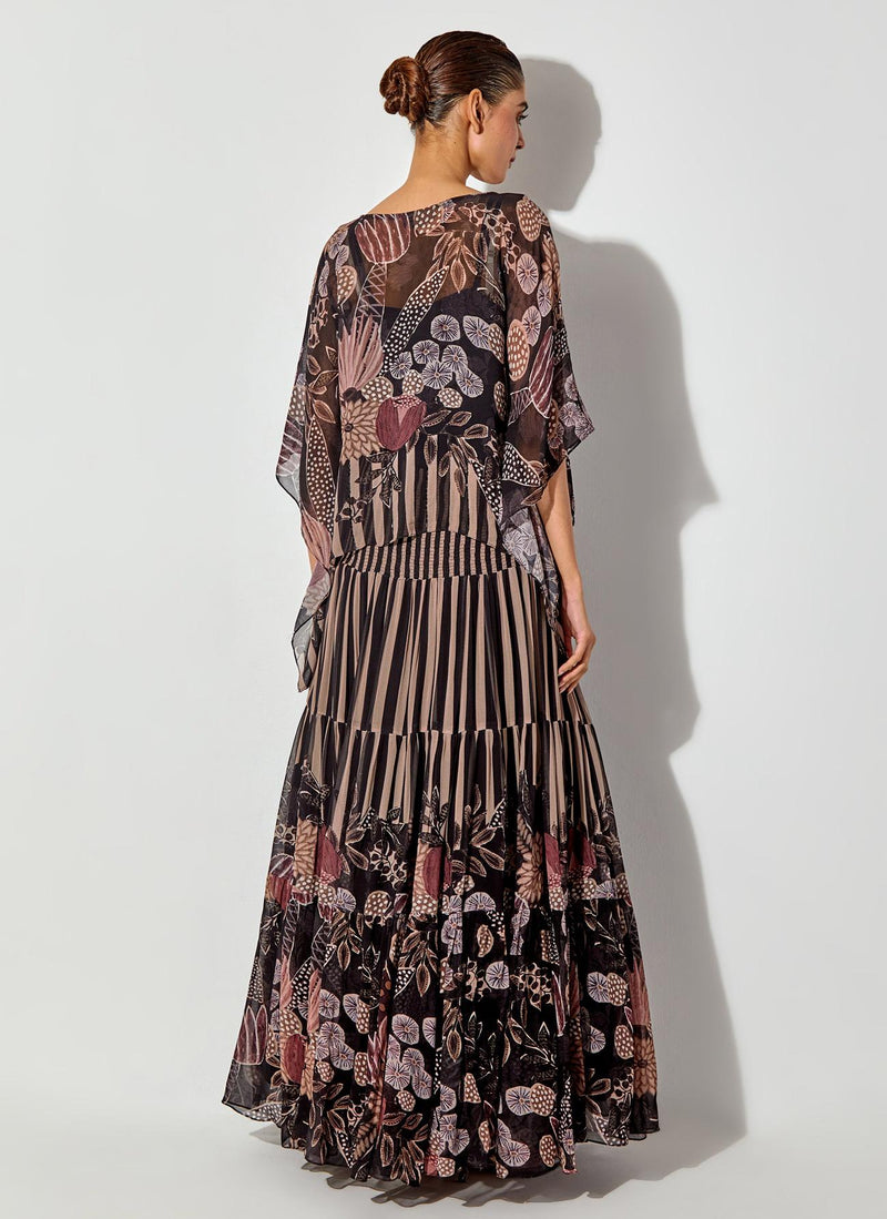 Multicolor Gypsy Rose Printed Poncho Top And Placement Printed Tier Maxi Skirt