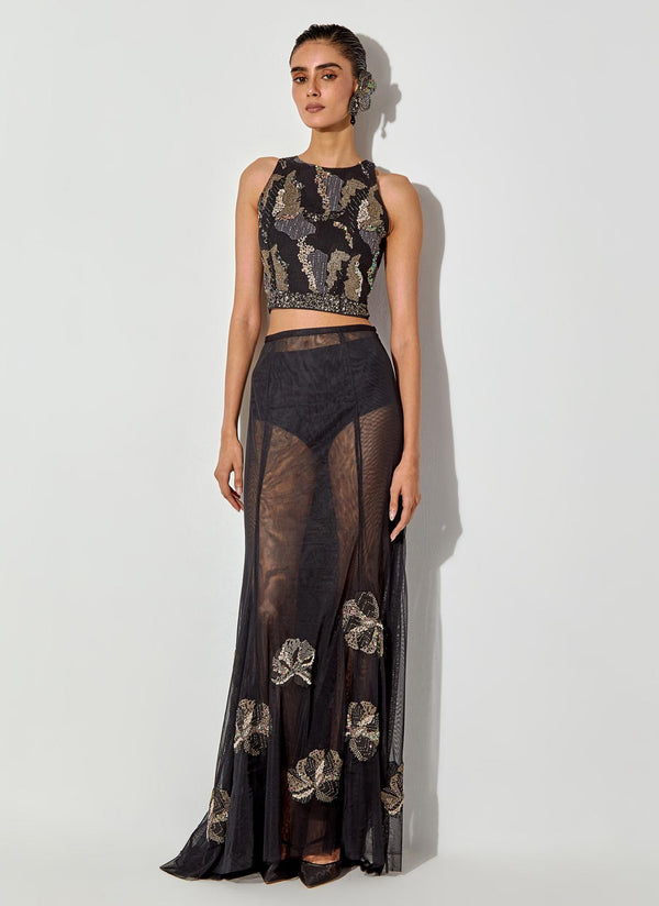 Black Halter Embroidered Top Paired With Mesh Skirt With Embroidery