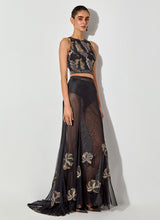 Black Halter Embroidered Top Paired With Mesh Skirt With Embroidery