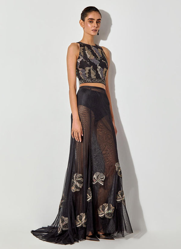 Black Halter Embroidered Top Paired With Mesh Skirt With Embroidery