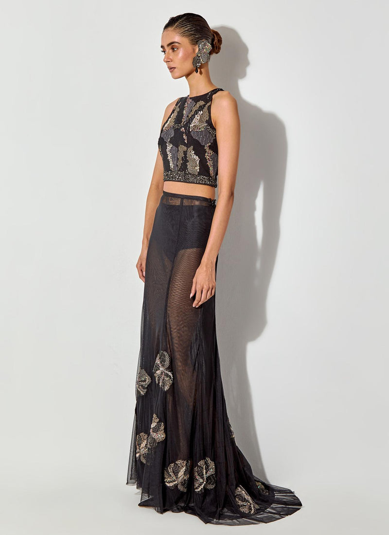 Black Halter Embroidered Top Paired With Mesh Skirt With Embroidery