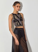 Black Halter Embroidered Top Paired With Mesh Skirt With Embroidery