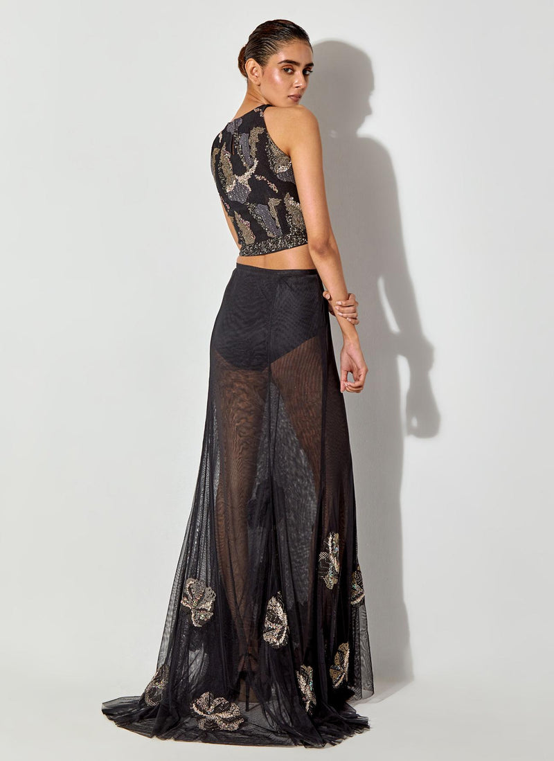 Black Halter Embroidered Top Paired With Mesh Skirt With Embroidery