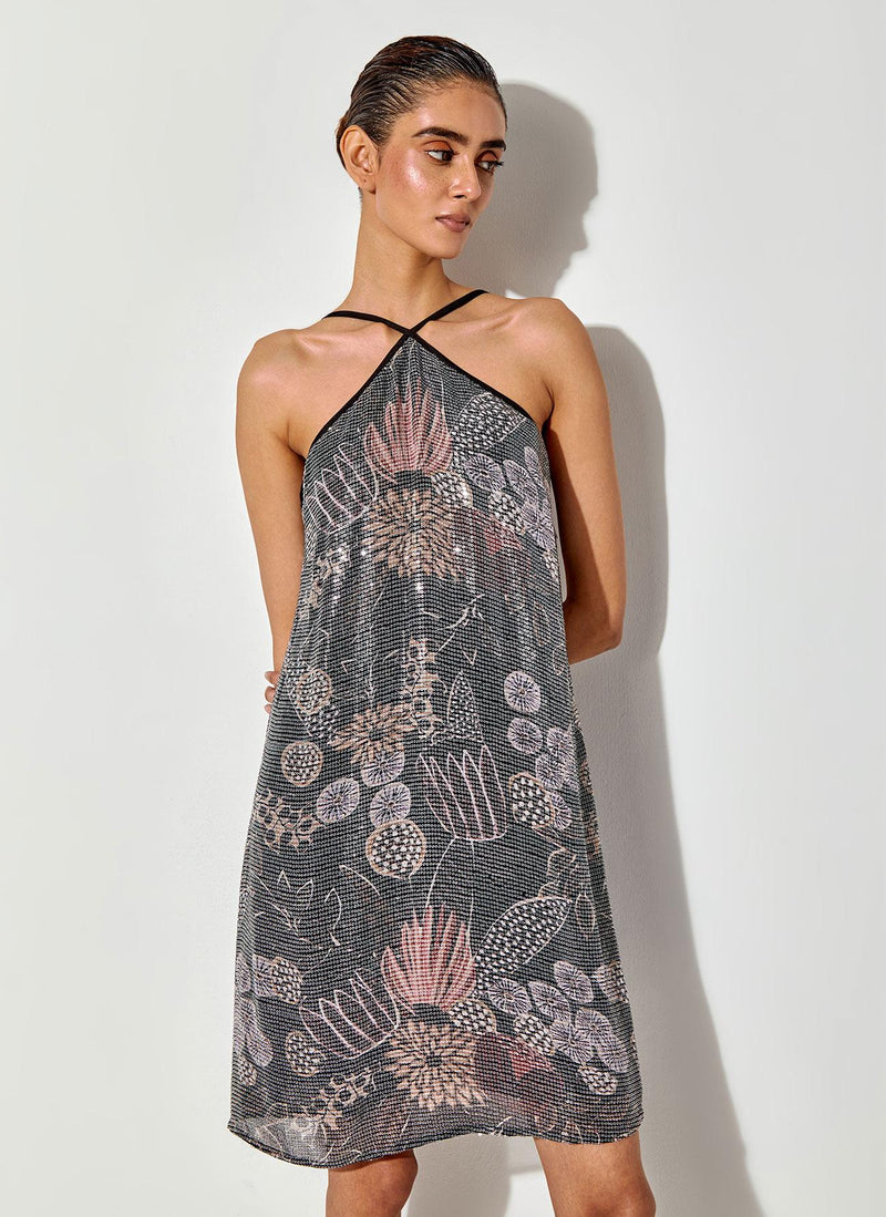 Black Gypsy Rose Sequin Printed Short Dress