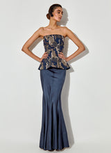 Blue Abstract Embroidered Corset Paired With Panelled Satin Mermaid Skirt