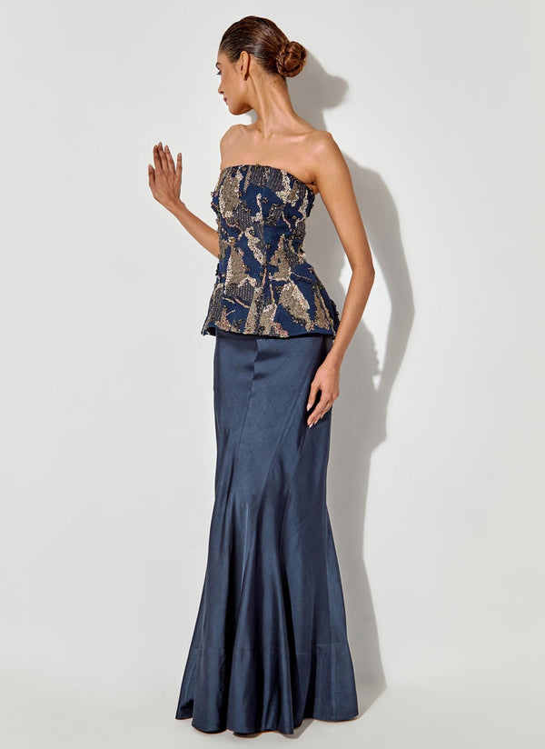 Blue Abstract Embroidered Corset Paired With Panelled Satin Mermaid Skirt