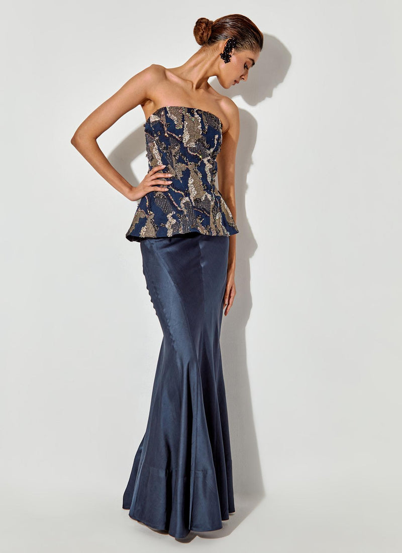 Blue Abstract Embroidered Corset Paired With Panelled Satin Mermaid Skirt