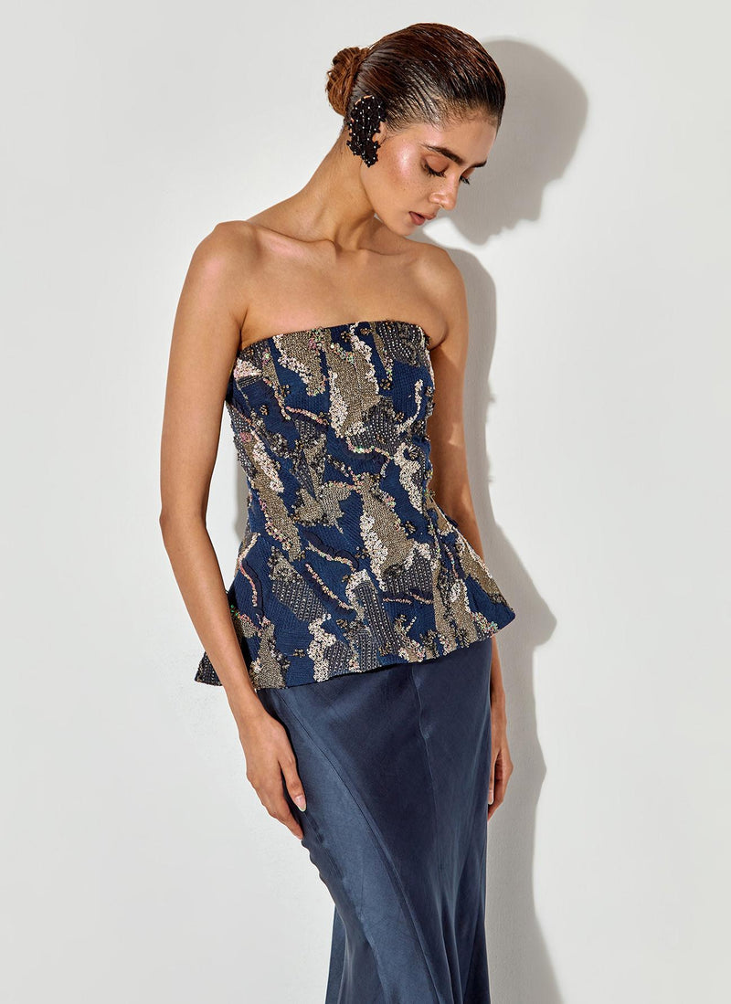 Blue Abstract Embroidered Corset Paired With Panelled Satin Mermaid Skirt