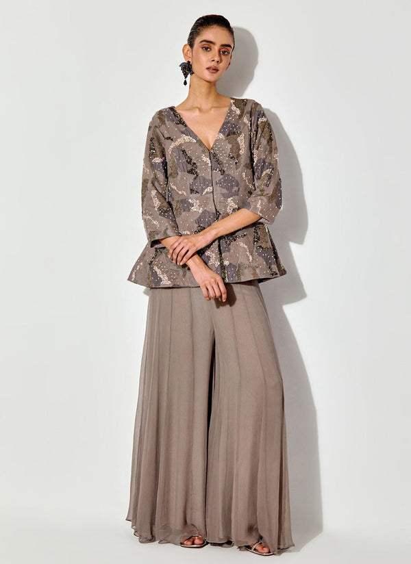 Grey Peplum Embroidred Top In Silk Organza Paired With Chiffon Sharara Pants