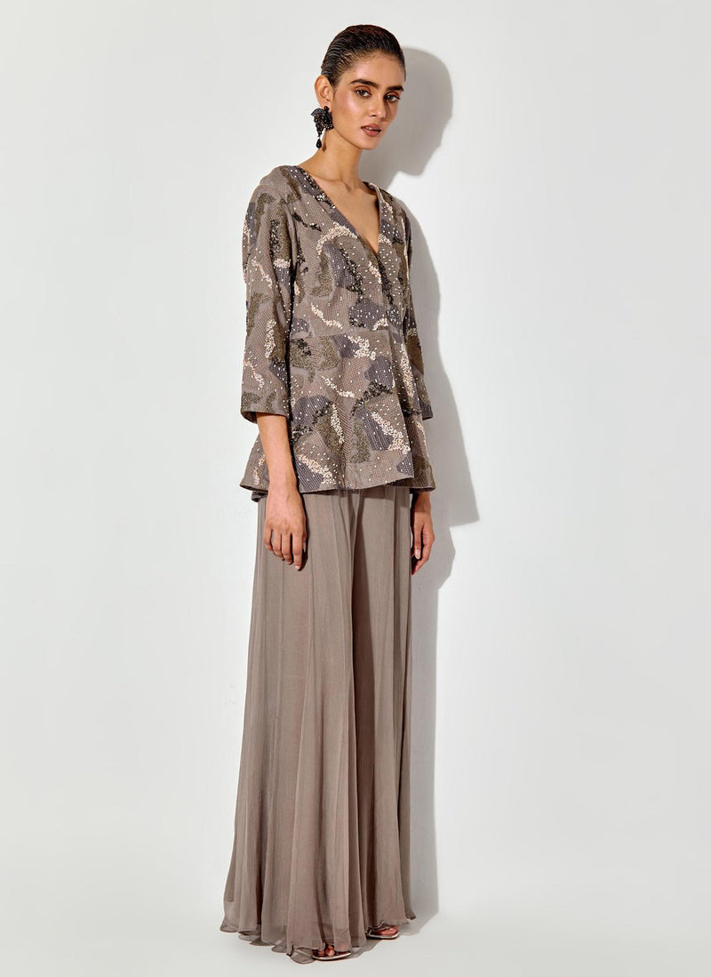Grey Peplum Embroidred Top In Silk Organza Paired With Chiffon Sharara Pants