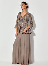 Grey Peplum Embroidred Top In Silk Organza Paired With Chiffon Sharara Pants