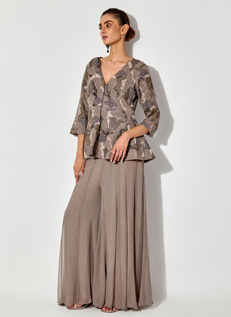Grey Peplum Embroidred Top In Silk Organza Paired With Chiffon Sharara Pants