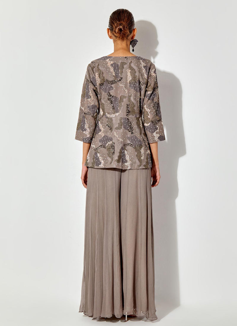 Grey Peplum Embroidred Top In Silk Organza Paired With Chiffon Sharara Pants