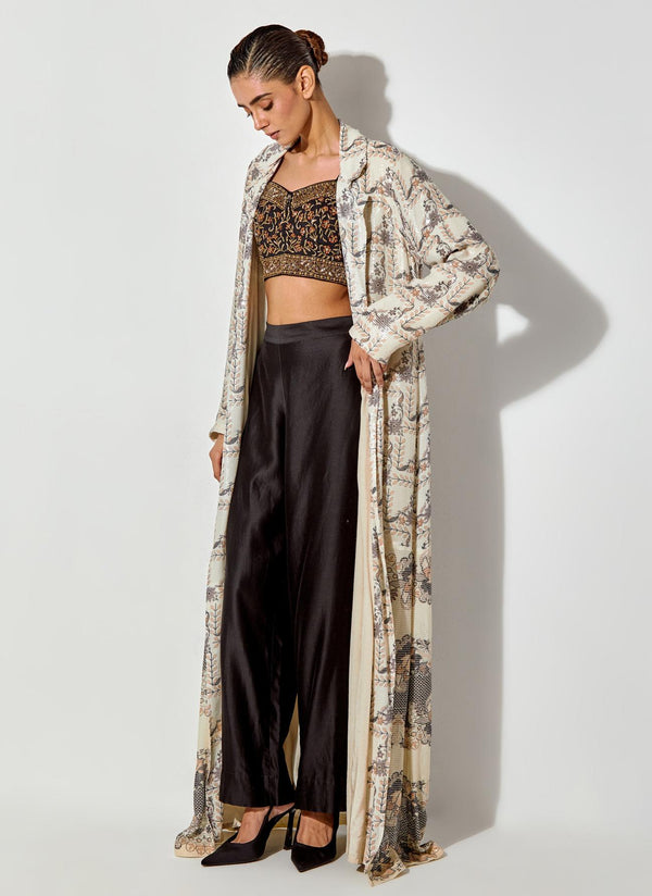Multicolor Printed And Sequin Embroidered Long Jacket Paired With Hand Embellished Bustier And Chanderi Pants