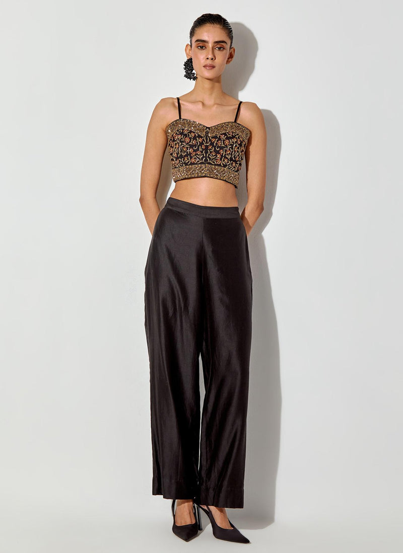 Multicolor Printed And Sequin Embroidered Long Jacket Paired With Hand Embellished Bustier And Chanderi Pants